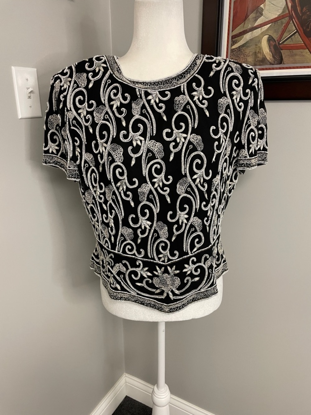 Vintage Adrianna Papell Boutique Evening Black & White Silk Beaded Top Size L